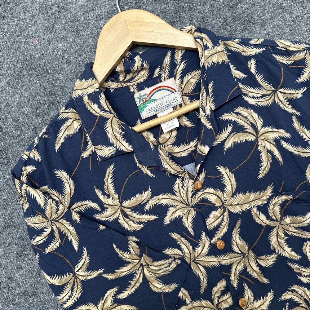VTG Paradise Found Hawaiian Shirt Large Black Rayon Aloha Palm Trees USA